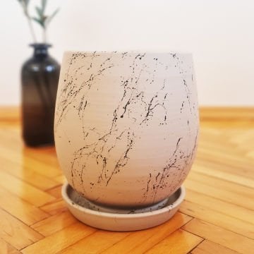 Çömlek Saksı Mermer Desenli Saksı Armut Model Orta Boy Tabaklı Saksı