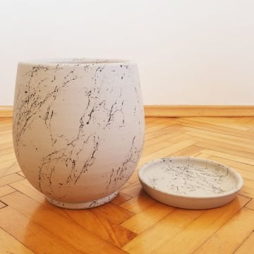 Çömlek Saksı Mermer Desenli Saksı Armut Model Orta Boy Tabaklı Saksı
