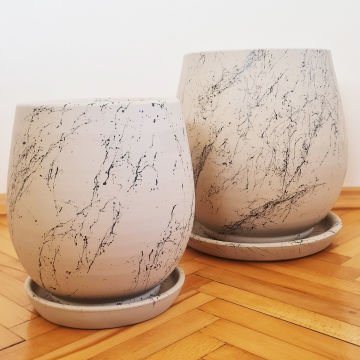 Çömlek Saksı Mermer Desenli Saksı Armut Model Orta Boy Tabaklı Saksı