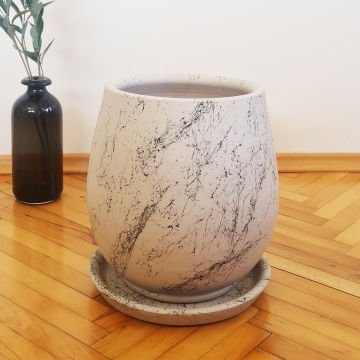 Çömlek Saksı Mermer Desenli Saksı Armut Model Büyük Boy Tabaklı Saksı