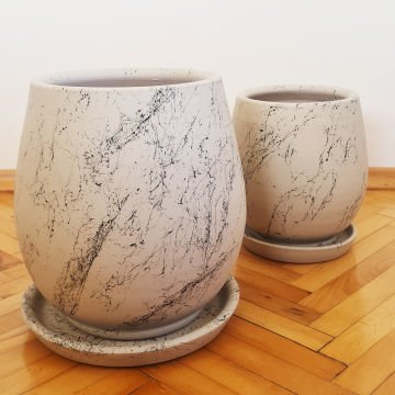 Çömlek Saksı Mermer Desenli Saksı Armut Model Büyük Boy Tabaklı Saksı