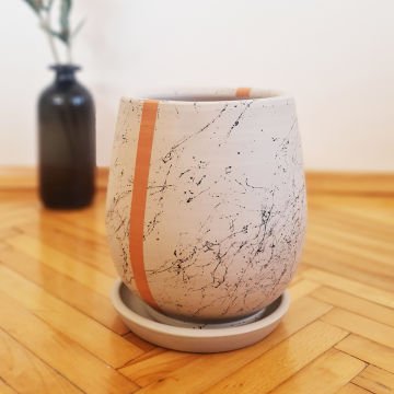 Çömlek Saksı Mermer Desenli Çizgili Saksı Armut Model Orta Boy Tabaklı Saksı