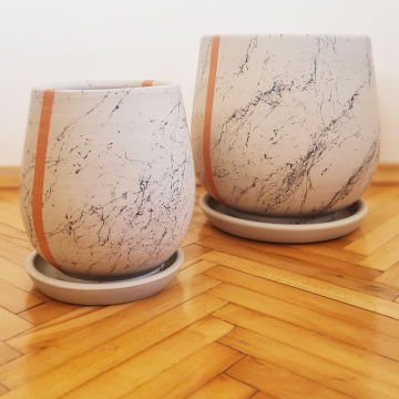 Çömlek Saksı Mermer Desenli Çizgili Saksı Armut Model Orta Boy Tabaklı Saksı