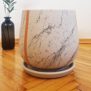 Çömlek Saksı Mermer Desenli Çizgili Saksı Armut Model Büyük Boy Tabaklı Saksı