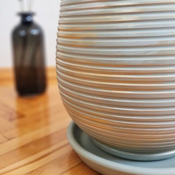 Çömlek Saksı Şerit Desenli Saksı Armut Model Mavi Gold Büyük Boy Tabaklı Saksı