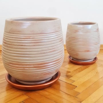 Çömlek Saksı Şerit Desenli Saksı Armut Model Bakır Bej Büyük Boy Tabaklı Saksı