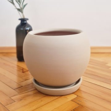 Çömlek Saksı Küre Model Bej Saksı Orta Boy Tabaklı Saksı