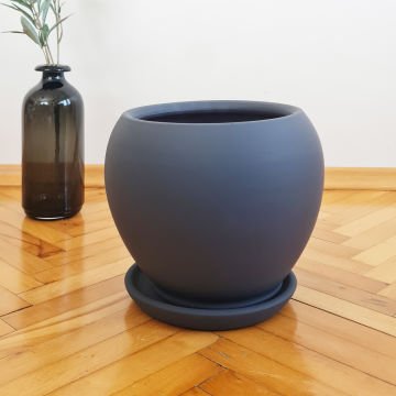 Çömlek Saksı Küre Model Antrasit Saksı Orta Boy Tabaklı Saksı