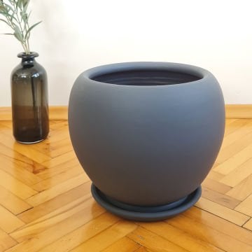 Çömlek Saksı Küre Model Antrasit Saksı Büyük Boy Tabaklı Saksı