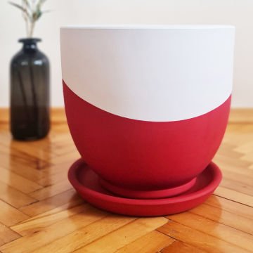 Çömlek Saksı U Model Kırmızı Beyaz Saksı Büyük Boy Tabaklı Saksı