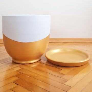 Çömlek Saksı U Model Gold Beyaz Saksı Büyük Boy Tabaklı Saksı