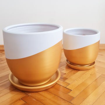 Çömlek Saksı U Model Gold Beyaz Saksı Büyük Boy Tabaklı Saksı