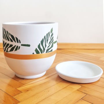 Çömlek Saksı U Model Yaprak Desenli Beyaz Saksı Orta Boy Tabaklı Saksı
