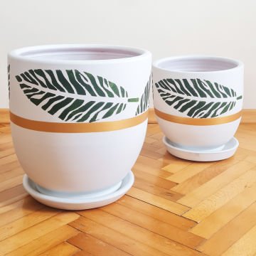 Çömlek Saksı U Model Yaprak Desenli Beyaz Saksı Büyük Boy Tabaklı Saksı