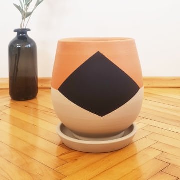 Çömlek Saksı Geometrik Desenli Saksı Armut Model Orta Boy Tabaklı Saksı