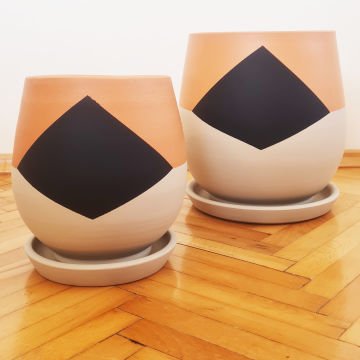 Çömlek Saksı Geometrik Desenli Saksı Armut Model Orta Boy Tabaklı Saksı