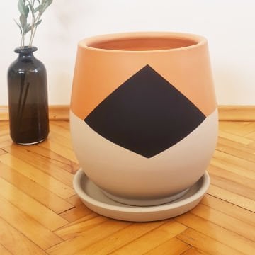 Çömlek Saksı Geometrik Desenli Saksı Armut Model Büyük Boy Tabaklı Saksı