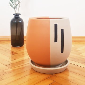 Çömlek Saksı Çizgili Desenli Saksı Armut Model Orta Boy Tabaklı Saksı