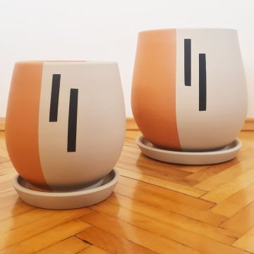 Çömlek Saksı Çizgili Desenli Saksı Armut Model Orta Boy Tabaklı Saksı