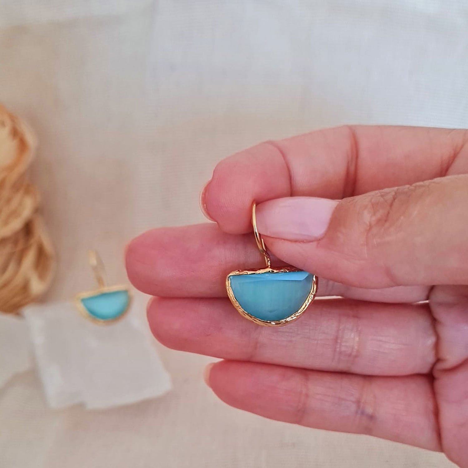 Küpe Kedi Gözü Model Doğal Taşlı Küpe Sallantılı Turkuaz Küpe