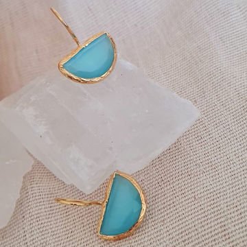 Küpe Kedi Gözü Model Doğal Taşlı Küpe Sallantılı Turkuaz Küpe