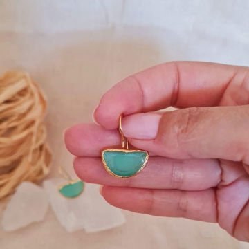 Küpe Kedi Gözü Model Doğal Taşlı Küpe Sallantılı Yeşil Küpe