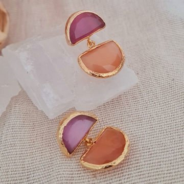 Yarım Ay Doğal Taşlı Küpe Bordo Kahve Sallantılı İkili Küpe