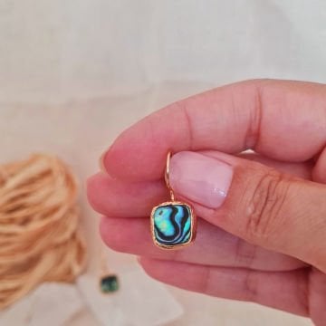 Kare Küpe Doğal Taşlı Küpe Sedefli Sallantılı Küpe