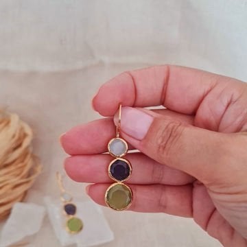 Doğal Taşlı Küpe Üç Renkli Sallantılı Küpe