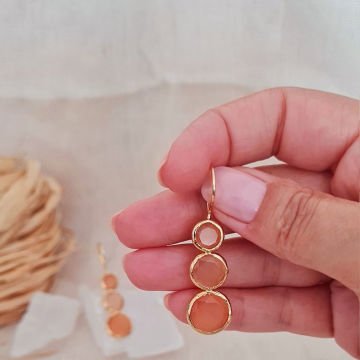 Doğal Taşlı Küpe Somon Renkli Küpe Üçlü Sallantılı Küpe