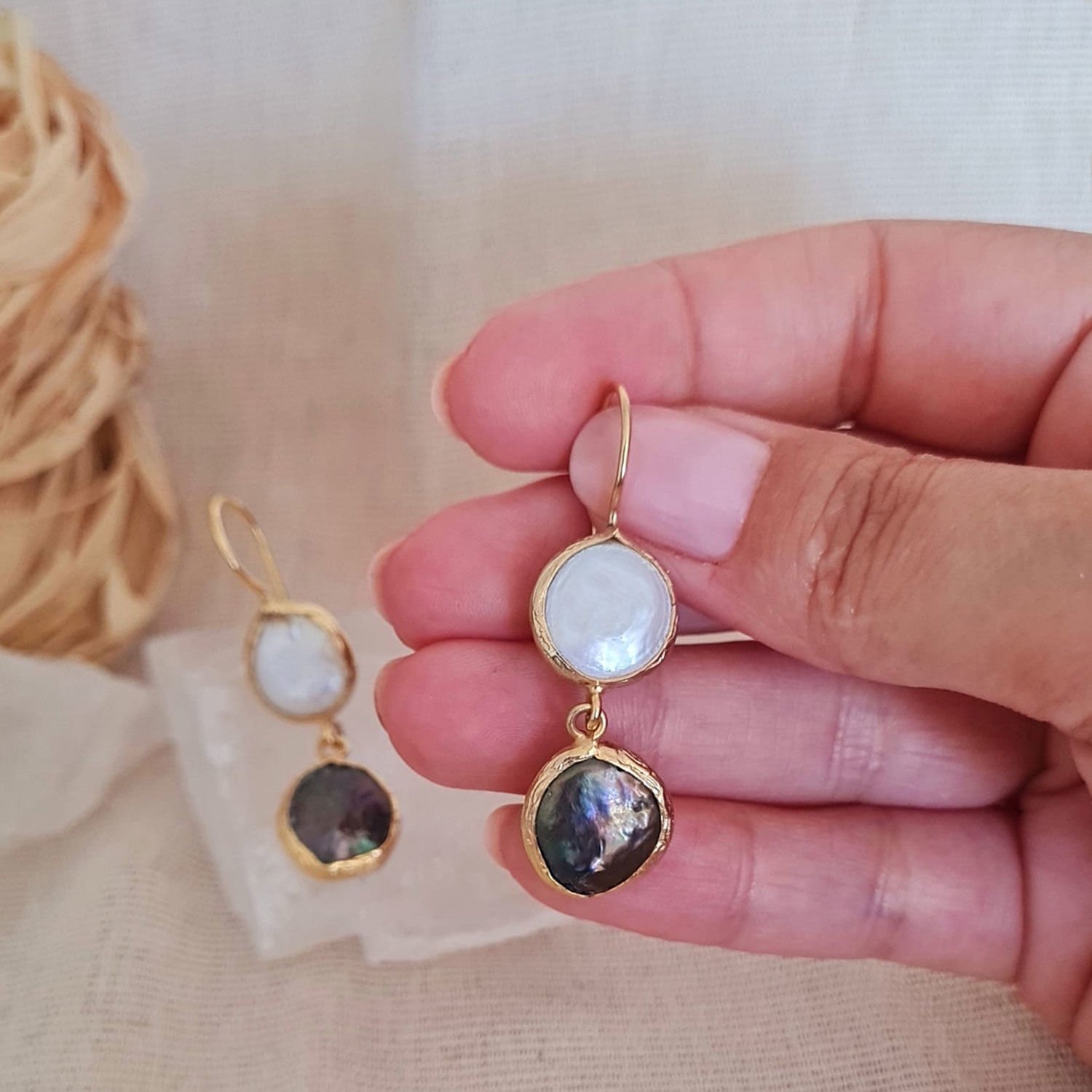 İncili Sedefli Küpe İkili Sallantılı Küpe
