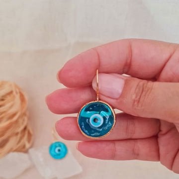 Doğal Taşlı Küpe Nazar Boncuğu Küpe Mavi Sallantılı Küpe