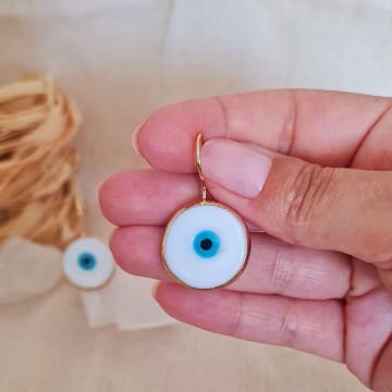 Doğal Taşlı Küpe Nazar Boncuğu Küpe Beyaz Sallantılı Küpe