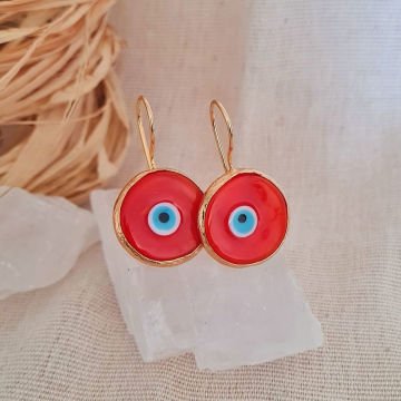 Doğal Taşlı Küpe Nazar Boncuğu Küpe Kırmızı Sallantılı Küpe