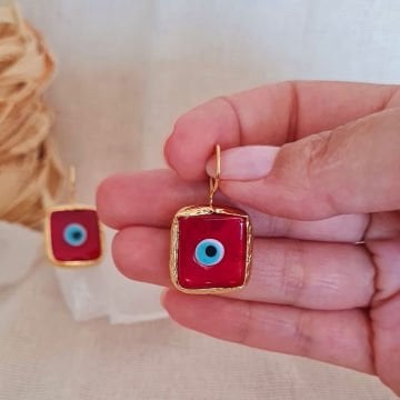 Doğal Taşlı Küpe Nazar Boncuğu Kare Küpe Kırmızı Sallantılı Küpe