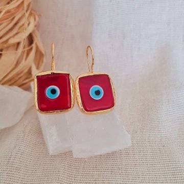 Doğal Taşlı Küpe Nazar Boncuğu Kare Küpe Kırmızı Sallantılı Küpe