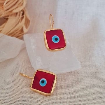 Doğal Taşlı Küpe Nazar Boncuğu Kare Küpe Kırmızı Sallantılı Küpe